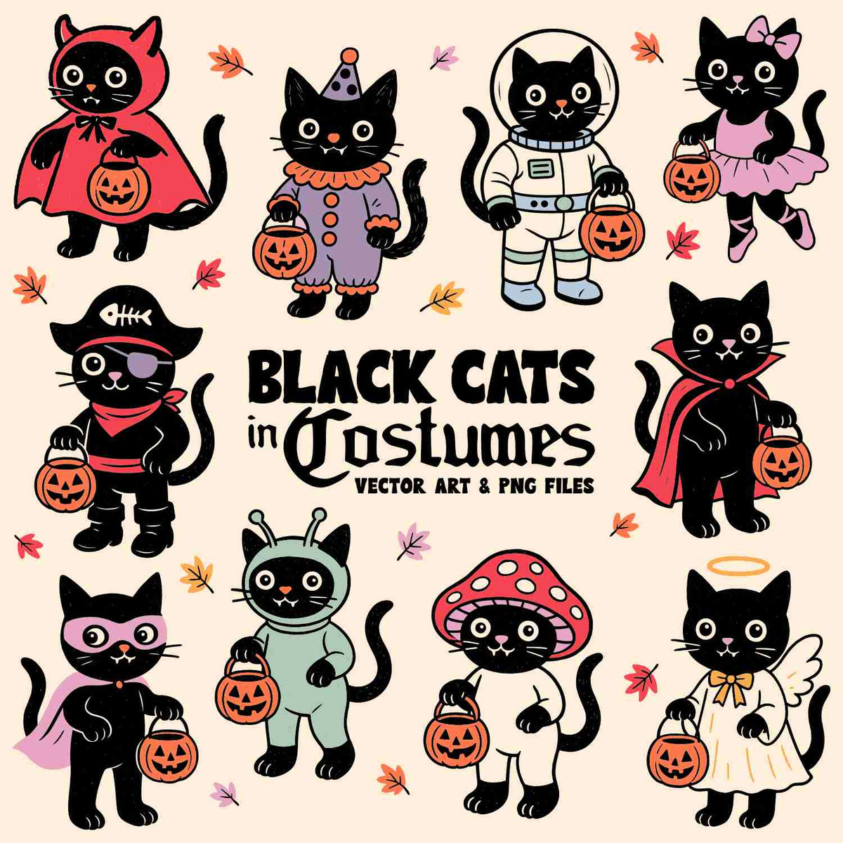 Black Cats in Costumes Halloween Clipart Bundle | Digital Download