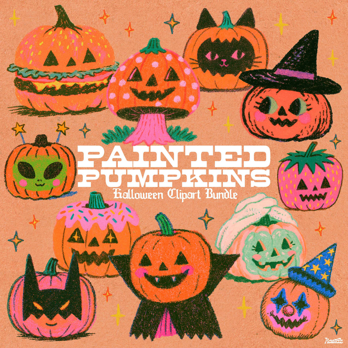 Painted Pumpkins Retro Halloween Clipart Bundle | Digital Download