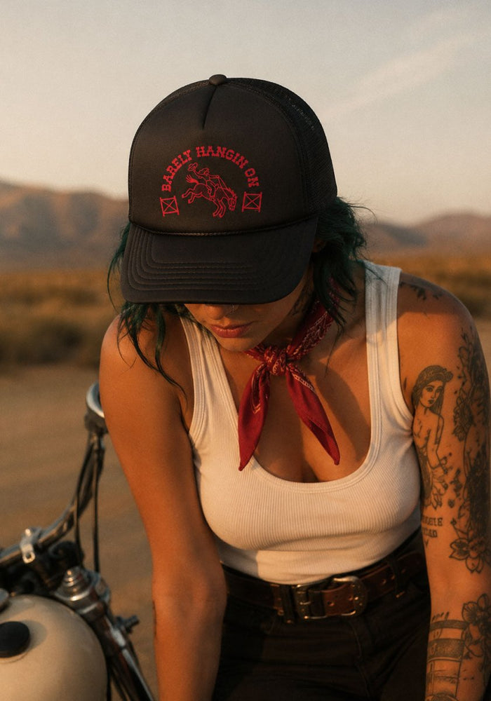 Barely Hangin' On Trucker Hat by kaeraz cowgirl horse horses