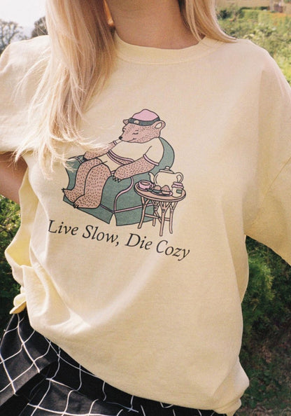 Live Slow Die Cozy Tee by kaeraz bear chair comfort colors