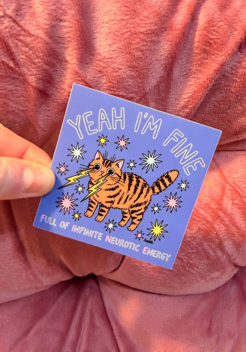 Yeah I'm FINE Neurotic Cat Sticker by kaeraz bird cactus cowboy