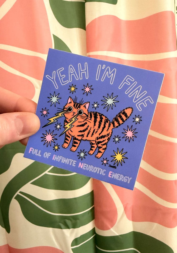 Yeah I'm FINE Neurotic Cat Sticker by kaeraz bird cactus cowboy