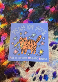 Yeah I'm FINE Neurotic Cat Sticker by kaeraz bird cactus cowboy