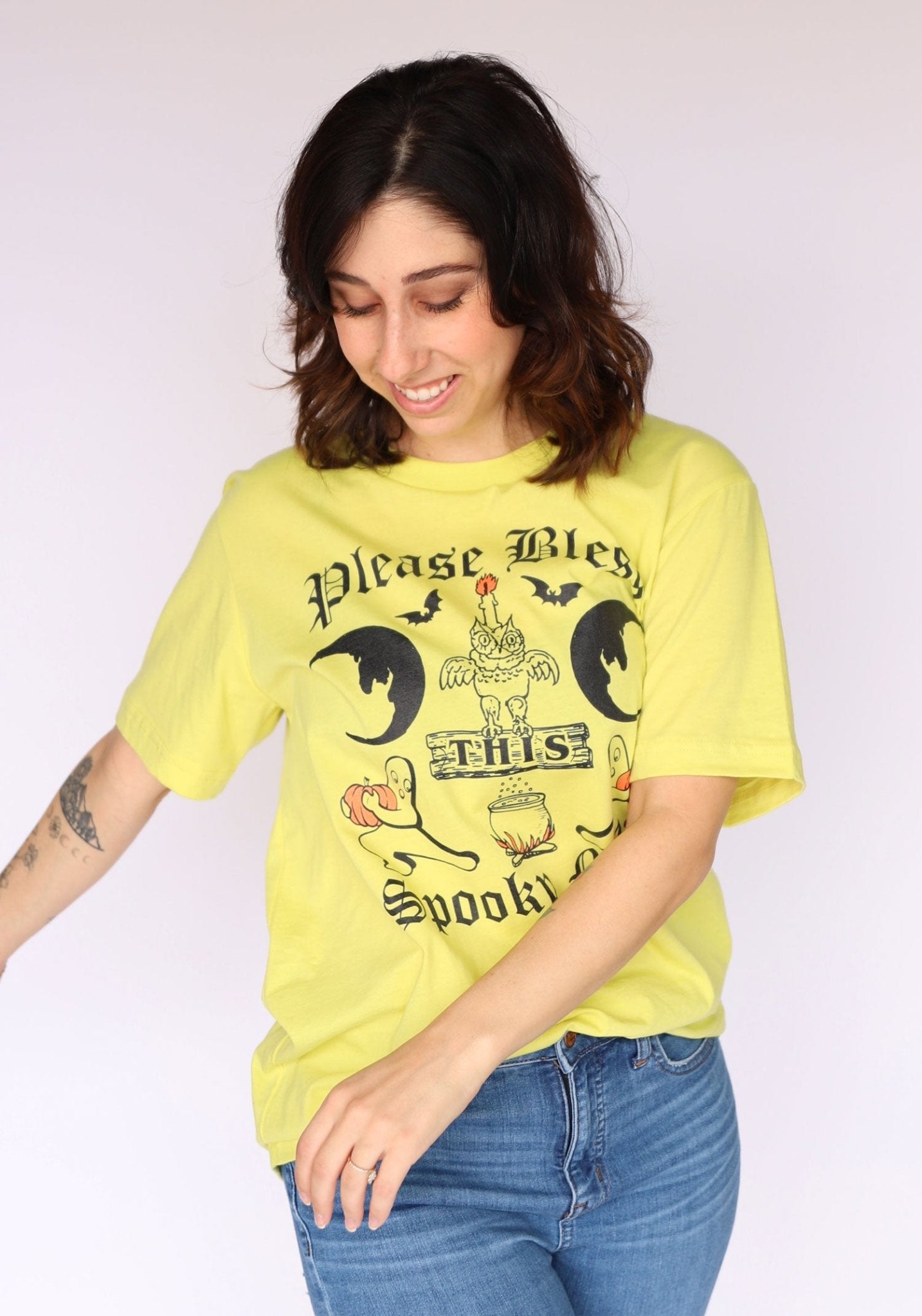 Bless This Spooky Mess Tee by kaeraz bats crescent moon fall