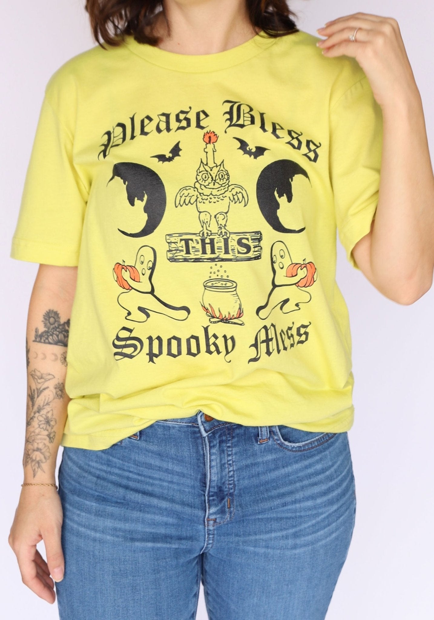 Bless This Spooky Mess Tee by kaeraz bats crescent moon fall