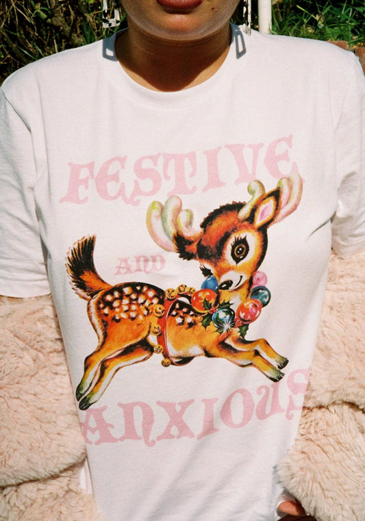 Festive and Anxious Tee by kaeraz christmas deer jingle bells