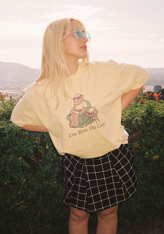 Live Slow Die Cozy Tee by kaeraz bear chair comfort colors