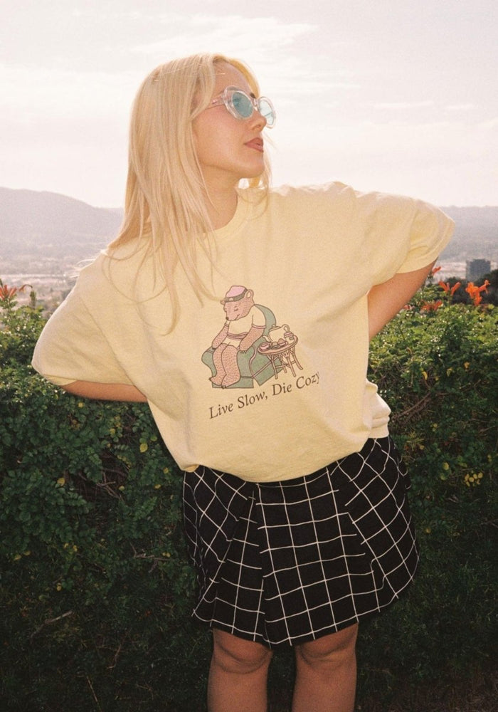 Live Slow Die Cozy Tee by kaeraz bear chair comfort colors